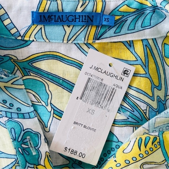 J McLaughlin Women’s Linen Shirt Aqua Yellow Tropical Print Button Down NWT $188 - Picture 14 of 15